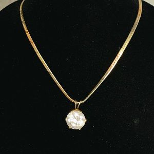 Vintage 14K Gold Herringbone Necklace with CZ Pendant